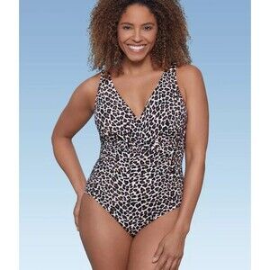 Aqua Green Shape + Style Leopard Print V-Neck Ruched Front One Piece Swimsuit